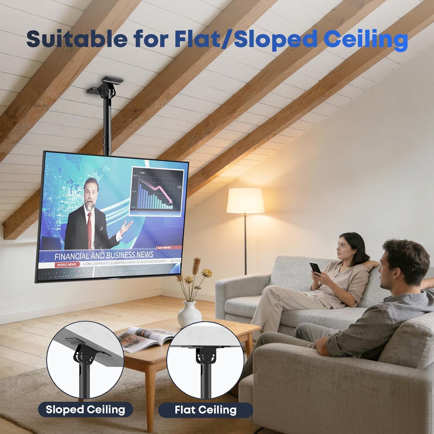 TV Ceiling Mount for Most 43-86 inch TV up to 132lbs, Adjustable Height Ceiling Mount TV Bracket with Swivel, Tilt, Fits Pitched/Vaulted Roof, Max VESA 600x400mm