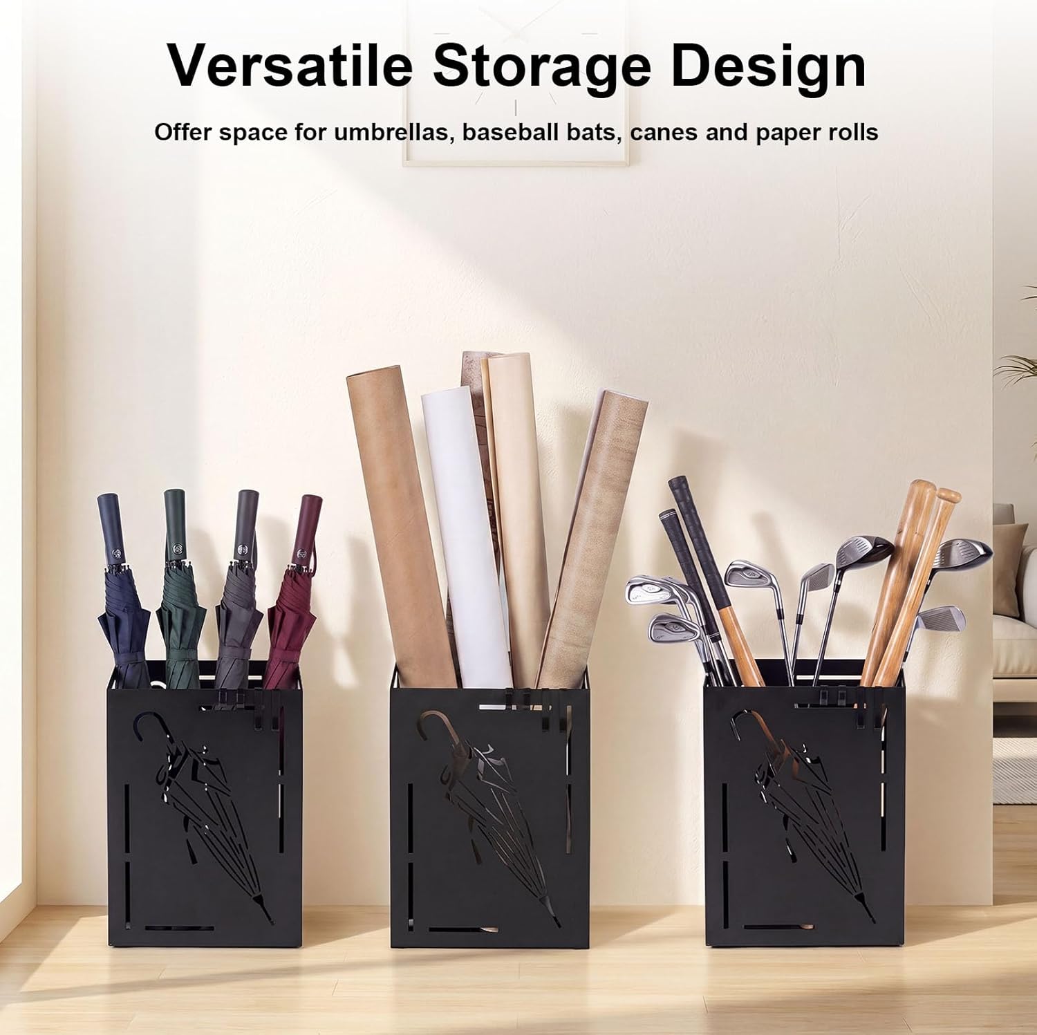 Goplus Metal Umbrella Holder, Rectangular Indoor Umbrella Stand Freestanding w/Removable Drip Tray, 4 Hanging Hooks, Heavy-Duty Umbrella Holders for Entryway, Home Office, 11 x 5 x 16 Inch, Black