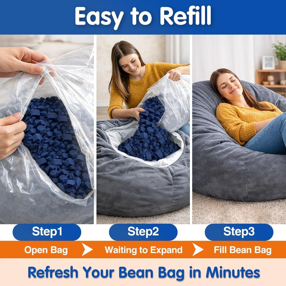 Bean Bag Filler, 15lbs Blue Memory Foam Filling for Beanbag Chair, Couch Cushions, Pillows, Dog Beds, Pouf Ottoman, Punching Bag Filler, Grappling Dummy, Packing Peanuts Replacement