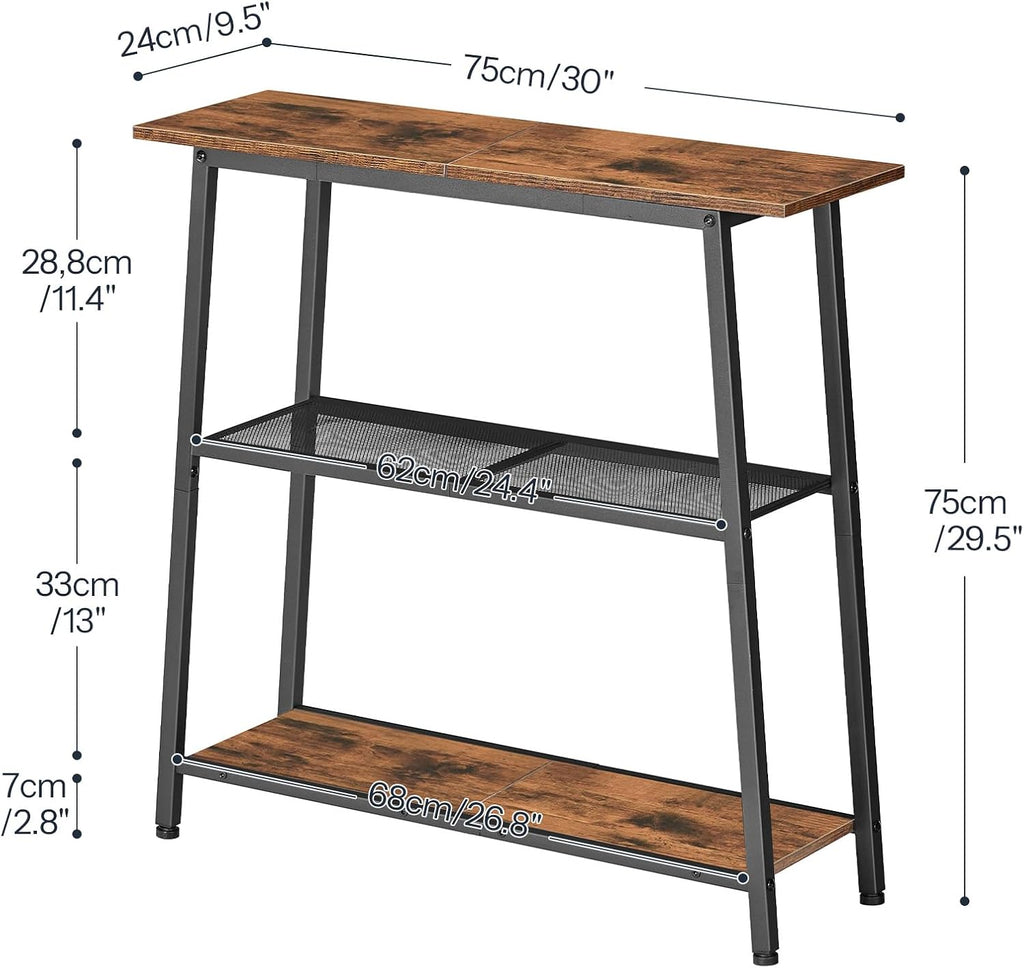 HOOBRO Narrow Console Table, 3-Tier Small Entryway Table with Storage Shelves, Behind Couch Sofa Table, Hallway Table for Entryway, Foyer, Hallway, Living Room, Rustic Brown and Black BF62XG01