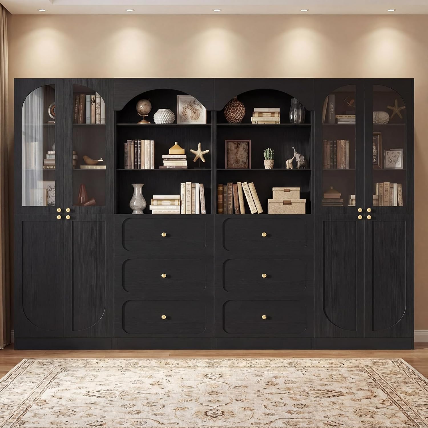 Cyclysio 80" Tall Pantry Cabinet with 3 Drawers, Arched Kitchen Storage Cabinets with 3-Tier Open Shelves and Glass Doors, Wood Floor Cupboard with Seamless Fit Wall for Living Room, Kitchen