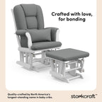 Storkcraft Tuscany Custom Glider and Ottoman with Free Lumbar Pillow (White/Grey) - Cleanable Upholstered Comfort Rocking Nursery Chair with Ottoman