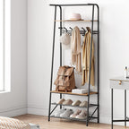 Coat Rack Shoe Bench with 5 Hooks, Entryway Hall Trees with Storage, Multifunctional Hallway Organizer, Wood Look Accent Furniture with Metal Frame, 4-in-1 Hall Trees Shoe Bench (1 Row-5 Hooks)