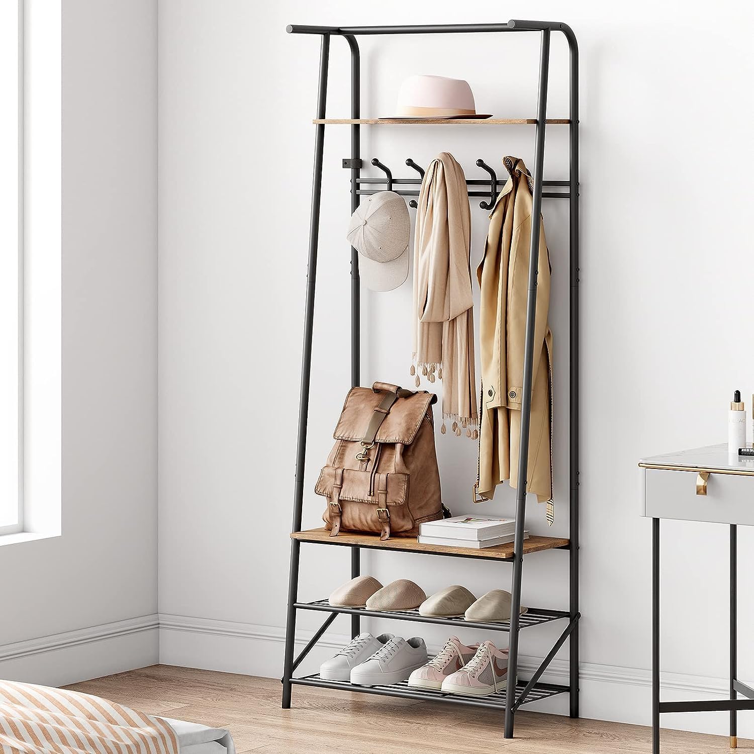 Coat Rack Shoe Bench with 5 Hooks, Entryway Hall Trees with Storage, Multifunctional Hallway Organizer, Wood Look Accent Furniture with Metal Frame, 4-in-1 Hall Trees Shoe Bench (1 Row-5 Hooks)