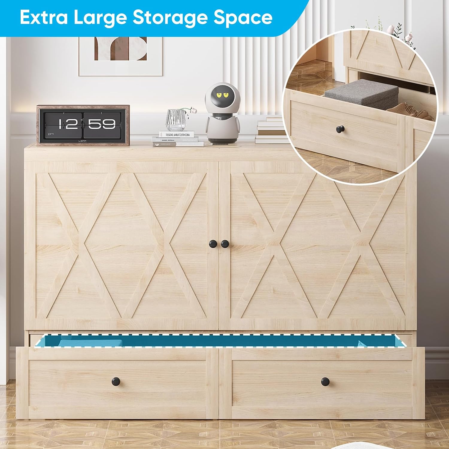 Mjkone Murphy Bed with Tri-Folding Mattress, Queen Hidden Cabinet Bed with Built-in USB Charging Station and 2 Storage Drawers, Foldable Wall Cabinet Beds for Living Room, Natural Wood Color