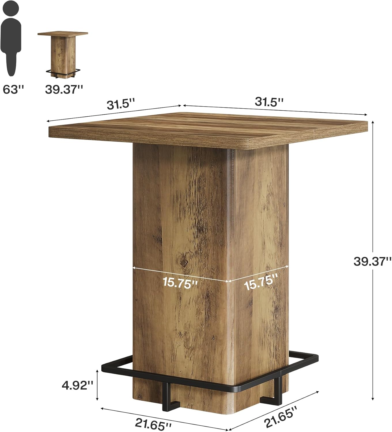 Tribesigns 39.37" Bar Height Table, Square Pub Table with Built-in Metal Footrest Ring, Sturdy Bistro Design for Kitchen, Home Bar, Small Space, Rustic Wood Grain