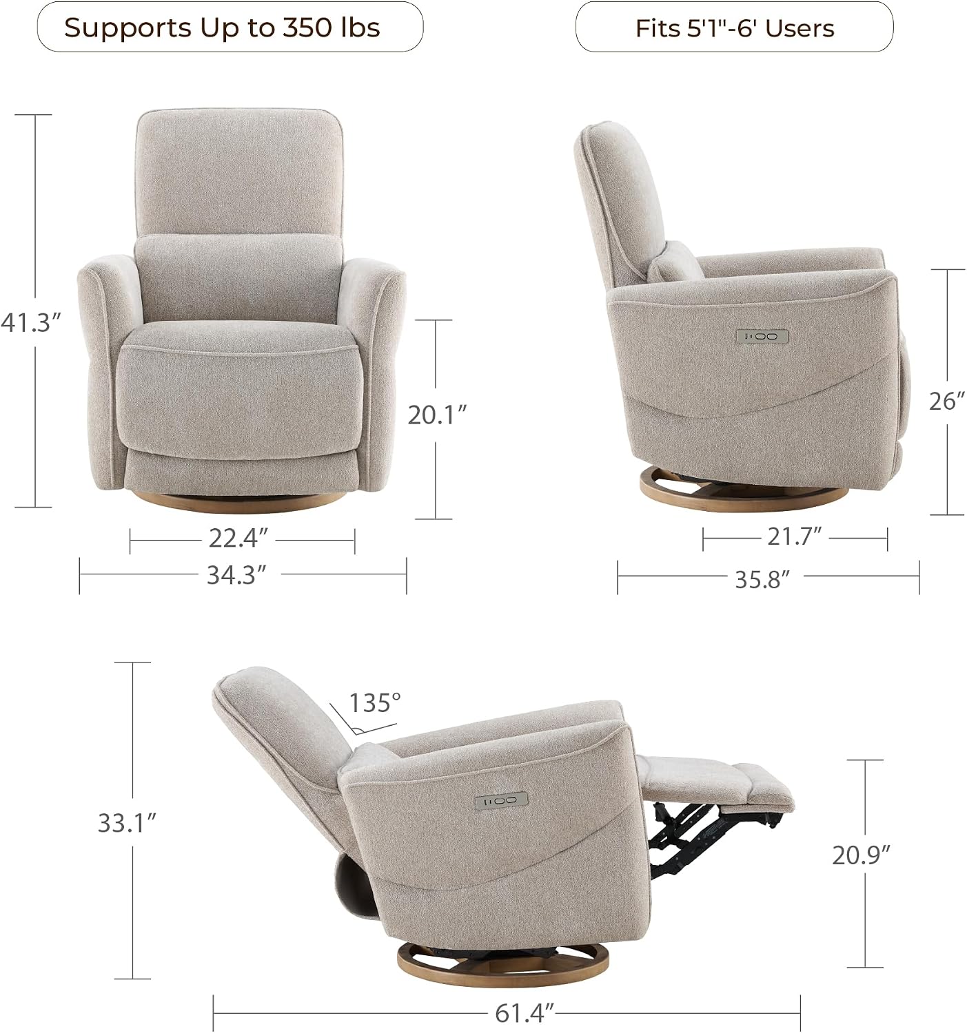 CHITA Power Nursery Rocking Chair, Swivel Glider Recliner Chair with Solid Wood Base, Bulit-in USB & Type-C Charging Ports for Living Room, FSC Certified, Taupe