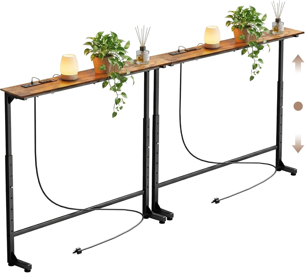 Adjustable Height Narrow Sofa Table with Built-in Power Outlets, 78" Long Console Table Behind Couch Table with Charging Station Skinny Entryway Table for Living Room & Hallway (Rustic Brown)