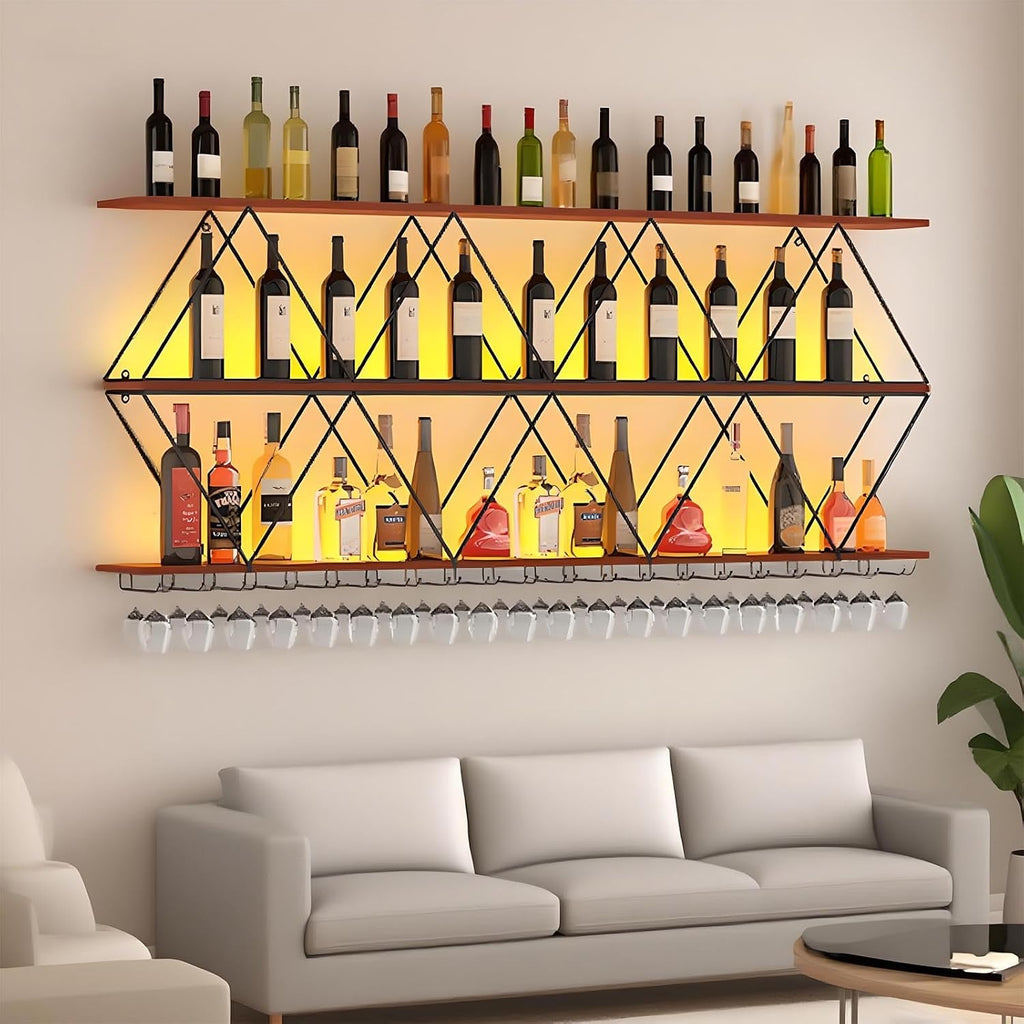 Ceiling Wine Glass Rack, Industrial Wall Mounted Wine Rack, Hanging Wine Rack, 2-Layer Iron Bottle Holder Wine Shelf with Glass Holder (Black, 47.2 * 7.87 * 32.7inch)