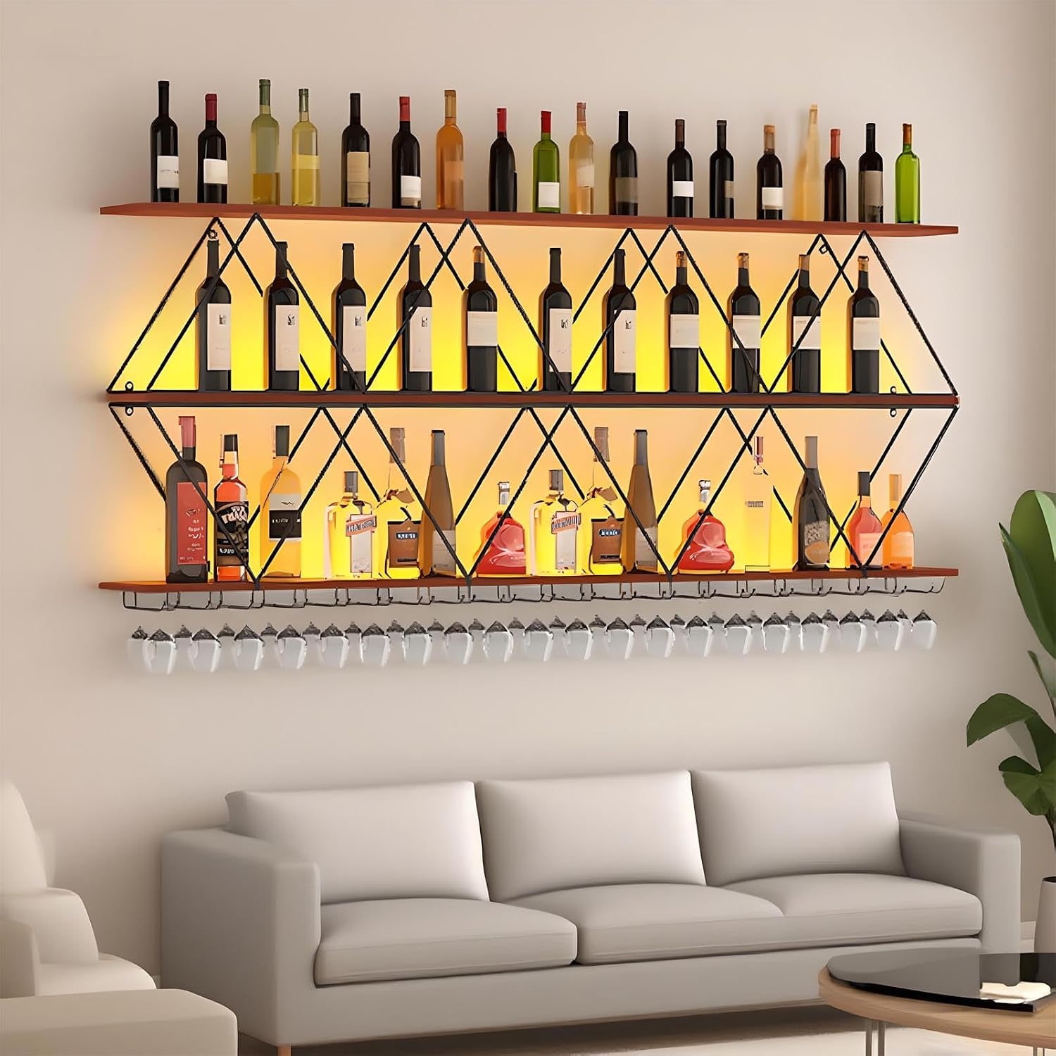 Ceiling Wine Glass Rack, Industrial Wall Mounted Wine Rack, Hanging Wine Rack, 2-Layer Iron Bottle Holder Wine Shelf with Glass Holder (Black, 47.2 * 7.87 * 32.7inch)