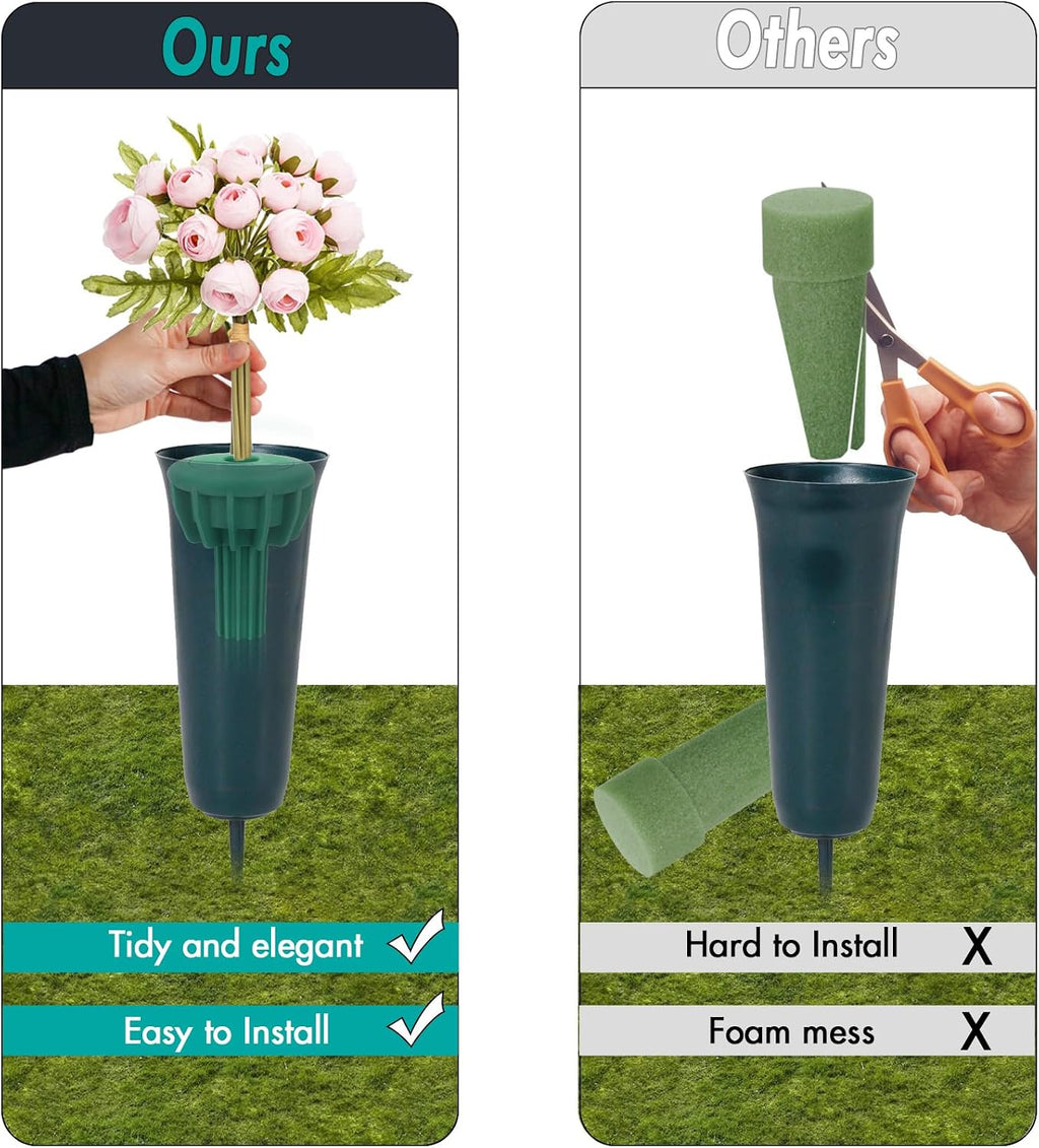 Cemetery Vase Rubber Inserts, Silicone Secure Flowers Holder for Headstone 2 Packs, Green