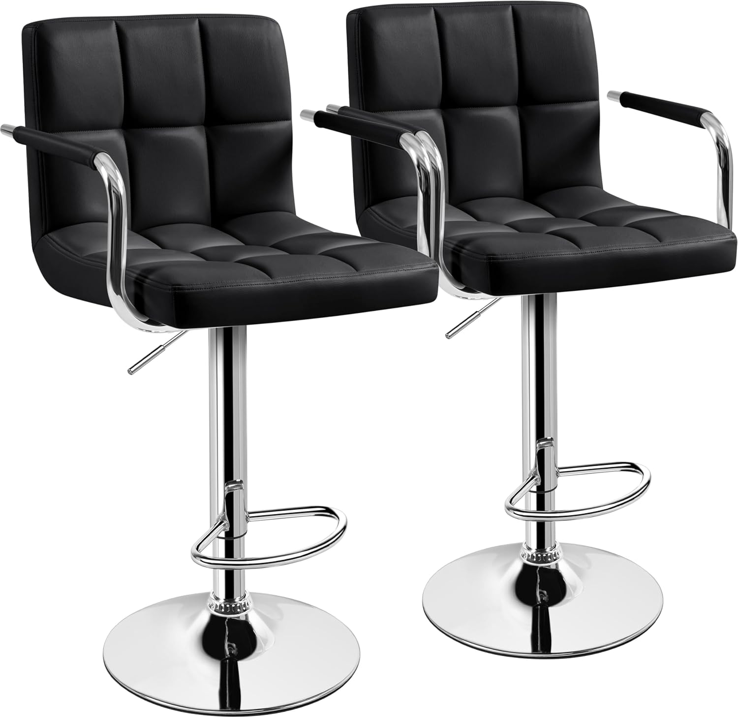 Yaheetech Bar Stools Set of 2, PU Leather Height Adjustable Swivel Barstools, Hydraulic Kitchen Counter Height Bar Chairs with Armrest and Back for Kitchen, Dining Room, Black