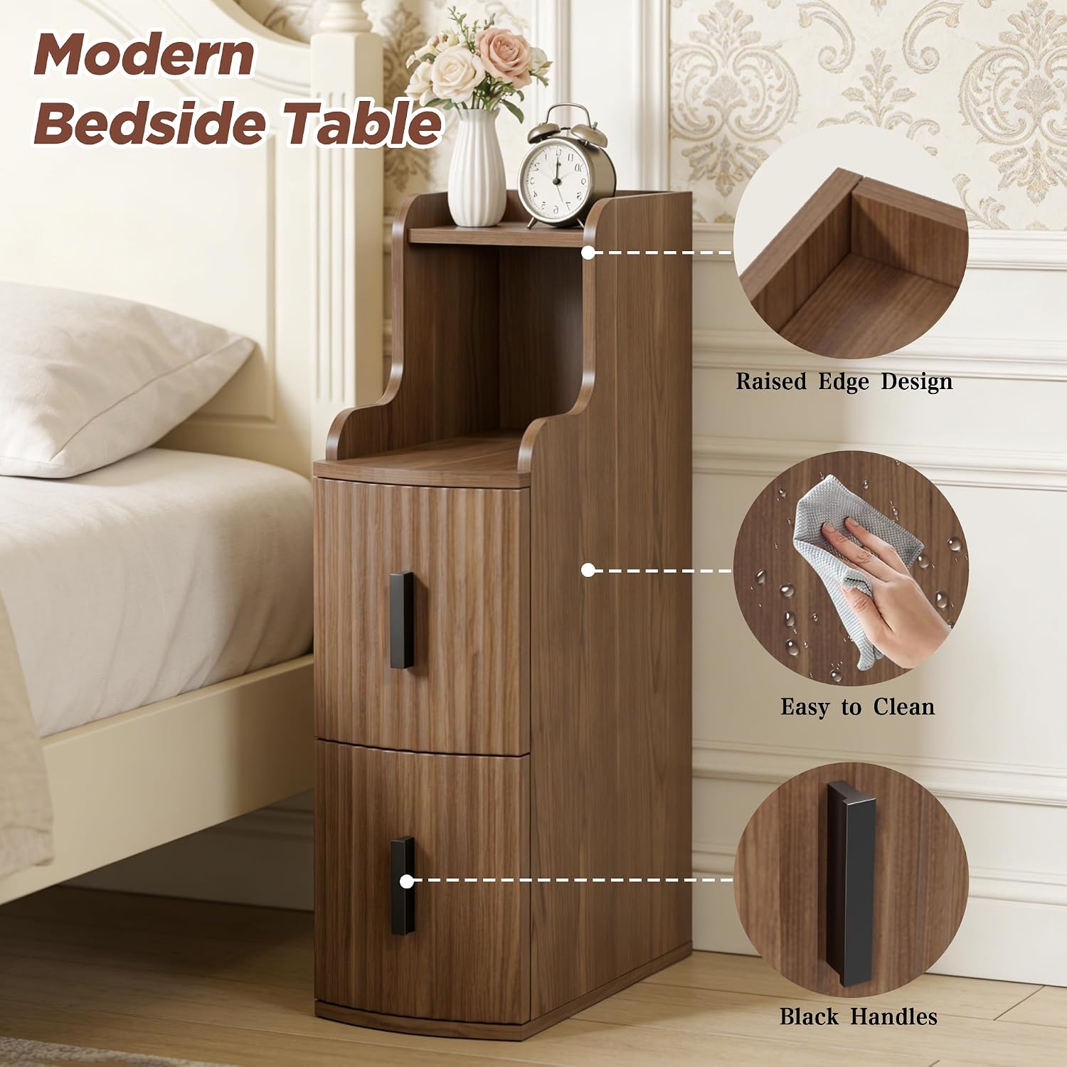Narrow End Tables Set of 2 with 2 Storage Drawers for Living Room Office Slim Side Tables Small Nightstands Modern Beside Tables for Sofa Bedroom Small Spaces (2, Walnut)