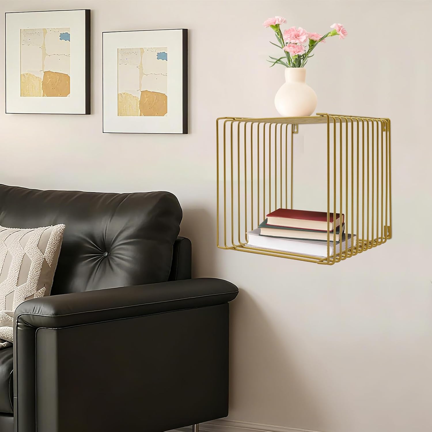Linear Metal End Table Square Geometry Side Table With Storage Retro Coffee Decoration Sofa Tables Wire Cube Storage Rack For Couch, Living Room, Bar, Bedroom, Balcony-11.8*11.8*11.8in (Gold)