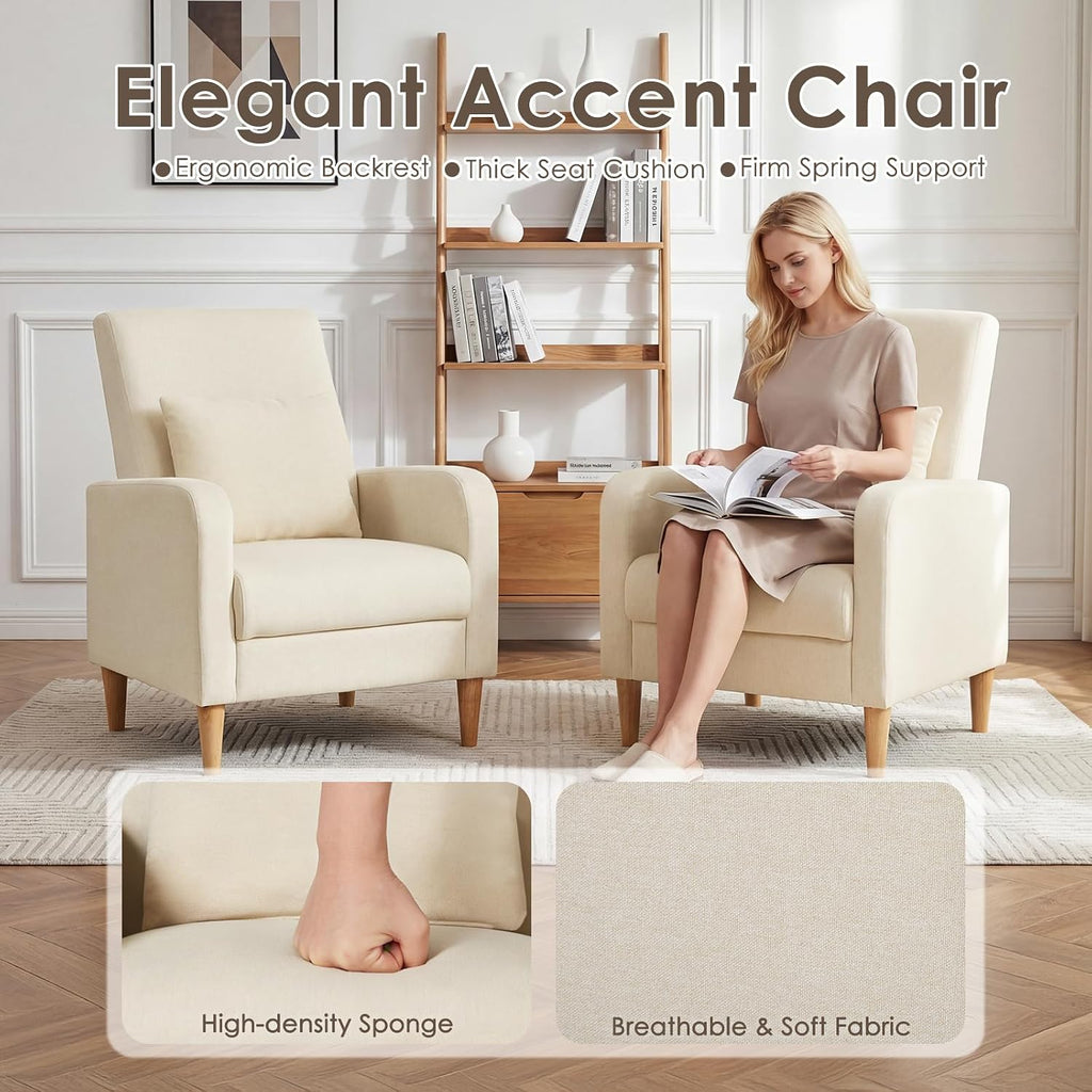 COLAMY Mid-Century Modern Upholstered Accent Chair with Back Pillow & Solid Wood Legs, Fabric Cozy Armchair for Living Room, Bedroom, Reading Nook, Apartment & Small Spaces, Beige