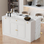 ONBRILL 63" Kitchen Island with Storage, Island Table with Power Outlet & Trash Cabinet, Kitchen Island with Marble Countertop for Kitchen, Dining Room, Living Room, White
