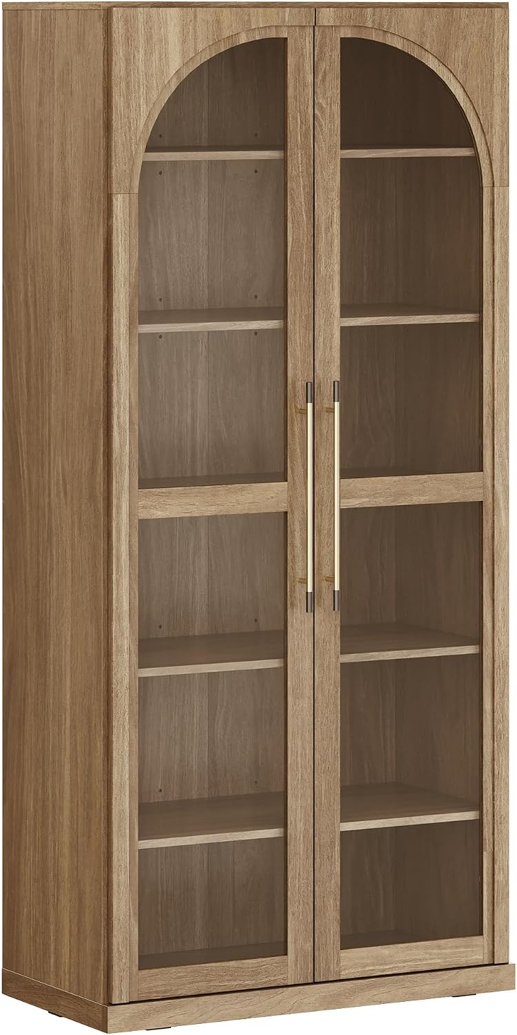 BELLEZE 67" Tall Glass Display Cabinet, Modern Wood Curio Cabinet Bookcase with Adjustable Storage Shelves, 6-Tier Trophy Showcase Display for Living Room - Camel