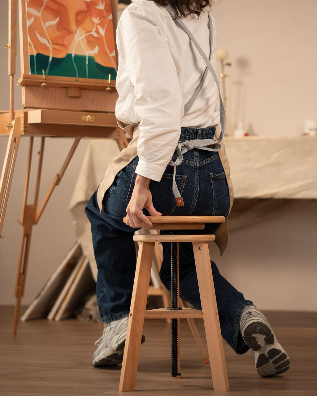 DJAR Wooden Drafting Stool Chair, Adjustable Beech Wood Artist Seat, Supports 180 Lbs, for Home, Studio, Kitchen, or Office, Natural