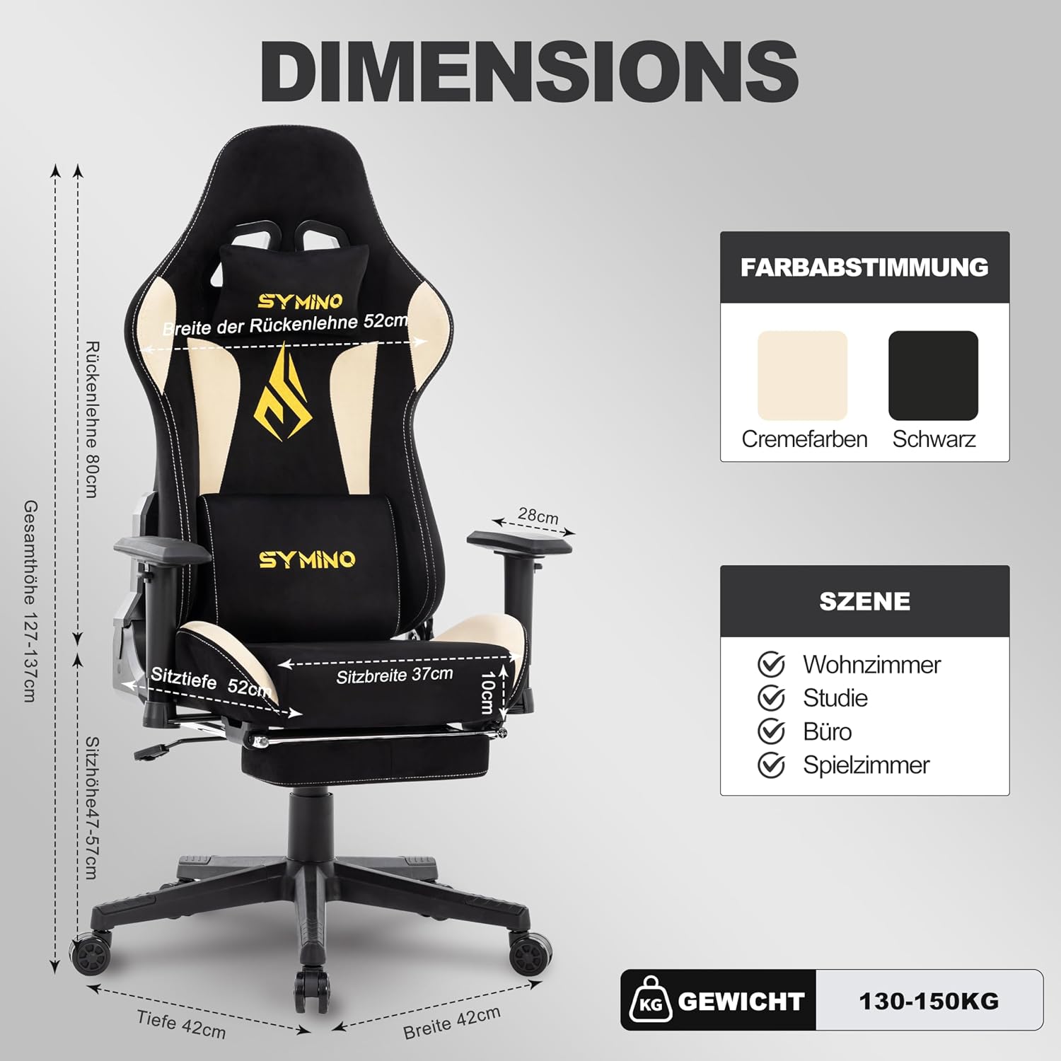 Symino Gaming Chair, Two-Tone Design, Wraparound Seat, Lumbar & Head Support, 150° Tilt, Class 3 SGS Gas, 330 lbs (Faux Suede, Black Beige)