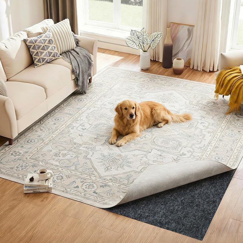 8x10 Ft Non Slip Rug Pad, Dual Surface Felt and Rubber Gripper Backing, 1/4 inch Thick Carpet Liner for Hardwood Floors, Under Area Rug Protective Cushioned Pads, Keep Rugs Safe and in Place