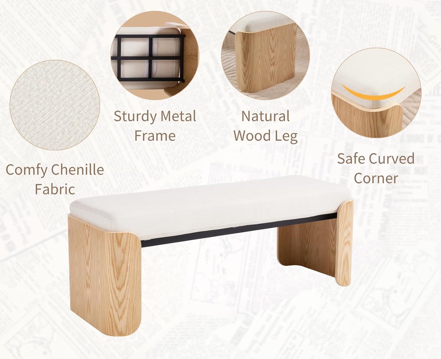 Shunzhi Modern Upholstered Entryway Bench for Bedroom 49” End of Bed Bench with Natural Wood Leg Window Ottoman Bench for Living Room/Bedroom/Hallway/Indoor, White Chenille