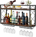 Wine Rack Wall Mounted 2 Tier Wall Wine Rack with Glass Holder, Double Layer Anti-Drop Crossbar, 31.5" Metal Wood Wall Mount Wine Holder for Home Kitchen Dining Room Coffee Shop Bar, Black