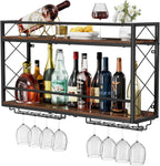 Wine Rack Wall Mounted 2 Tier Wall Wine Rack with Glass Holder, Double Layer Anti-Drop Crossbar, 31.5" Metal Wood Wall Mount Wine Holder for Home Kitchen Dining Room Coffee Shop Bar, Black