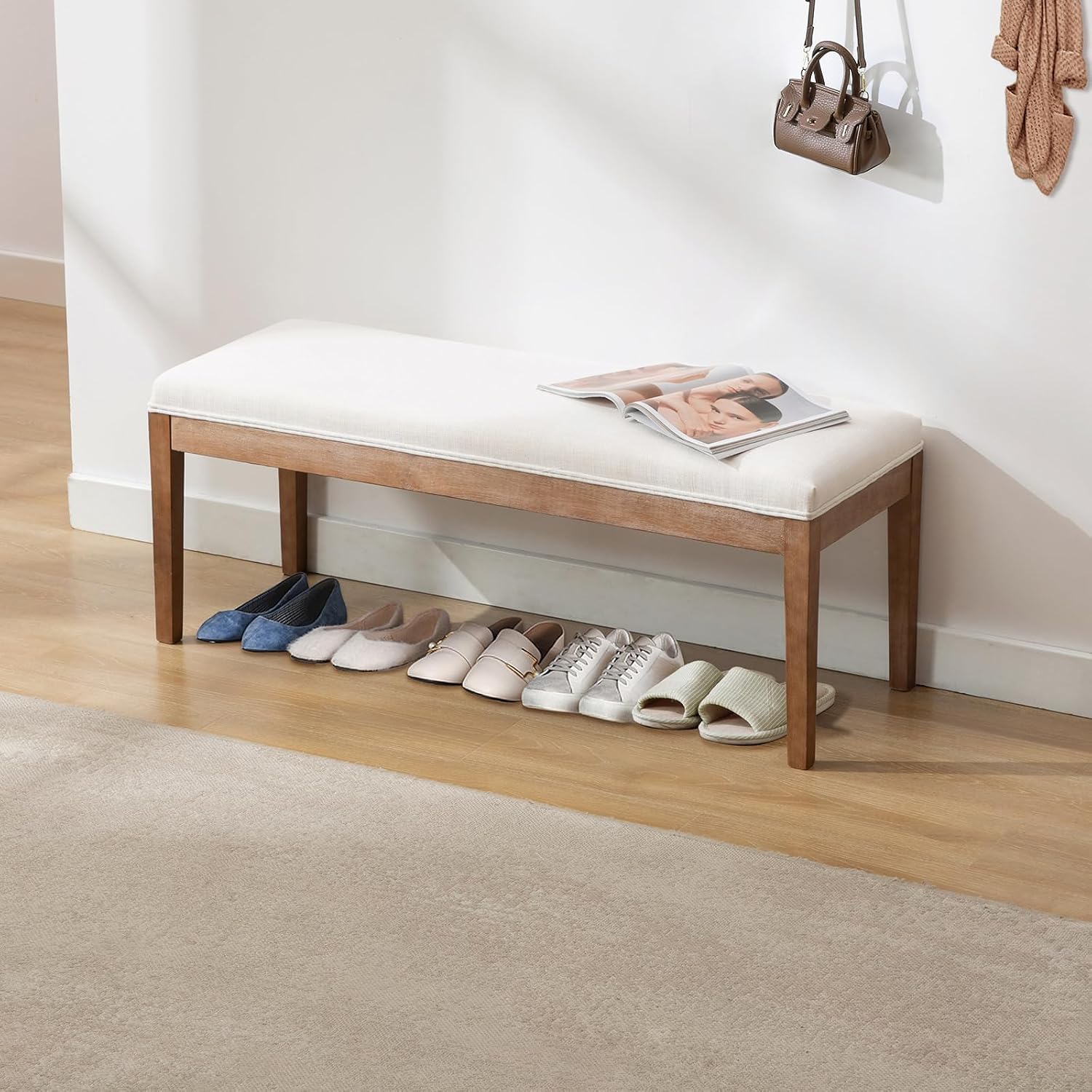 Linen Dining Bench Upholstered Entryway Bench Farmhouse Shoe Bench Seat Ottoman for Hallway Living Room Bedroom End of Bed Dining Room Kitchen, 45.5" Long, Beige