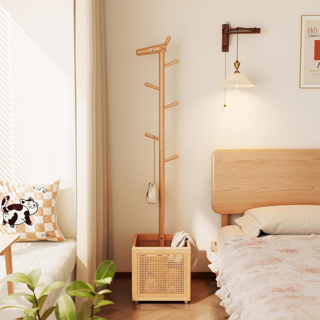 AQIMUELE Narrow Coat Rack，Coat Tree with Storage，Wooden Coat hanger with 6 Hook for Entrance, Bedroom, Living Room，Kids Coat Rack(Natural)