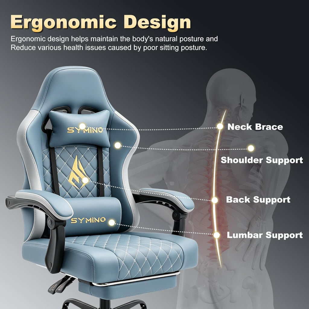 Symino Gaming Chair with Footrest, Linkage Armrests & 10cm Thick Seat, PU Leather Ergonomic Computer Chair, 150° Recline Office Chair, Light Blue