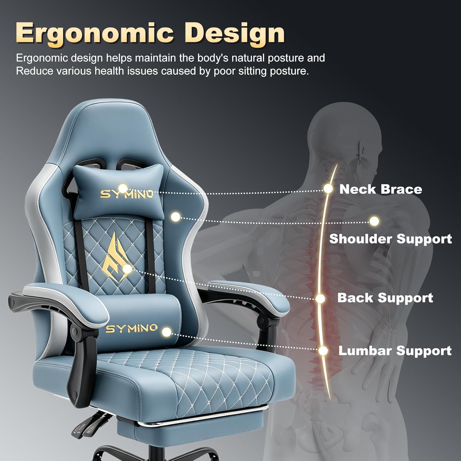 Symino Gaming Chair with Footrest, Linkage Armrests & 10cm Thick Seat, PU Leather Ergonomic Computer Chair, 150° Recline Office Chair, Light Blue