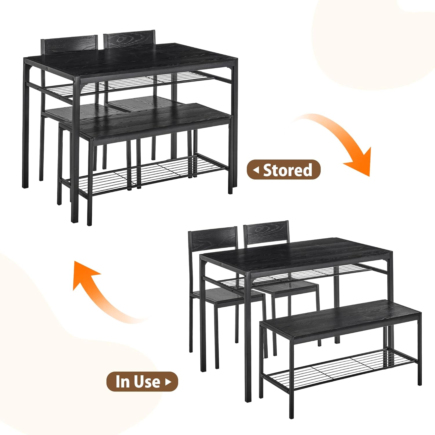 VECELO Kitchen Dining Room Table with 2 Chairs & Bench, Compact Space-Saving Design, Easy Assembly Steel Frame, Perfect for Small Apartments & Breakfast Nooks，Industrial