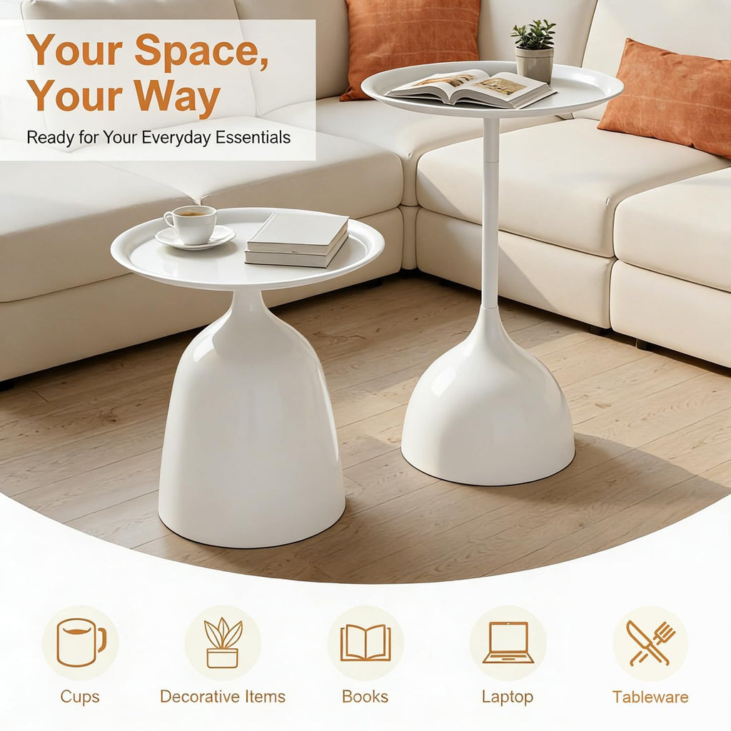 Modern Round Side Table Set of 2, Metal Nesting End Tables White/Black Minimalist Accent Tables Pedestal Coffee Table for Living Room Bedroom Office (White)