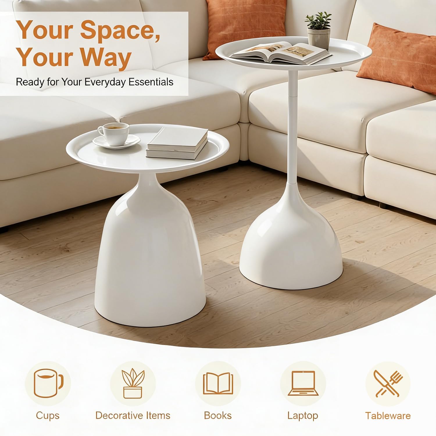 Modern Round Side Table Set of 2, Metal Nesting End Tables White/Black Minimalist Accent Tables Pedestal Coffee Table for Living Room Bedroom Office (White)