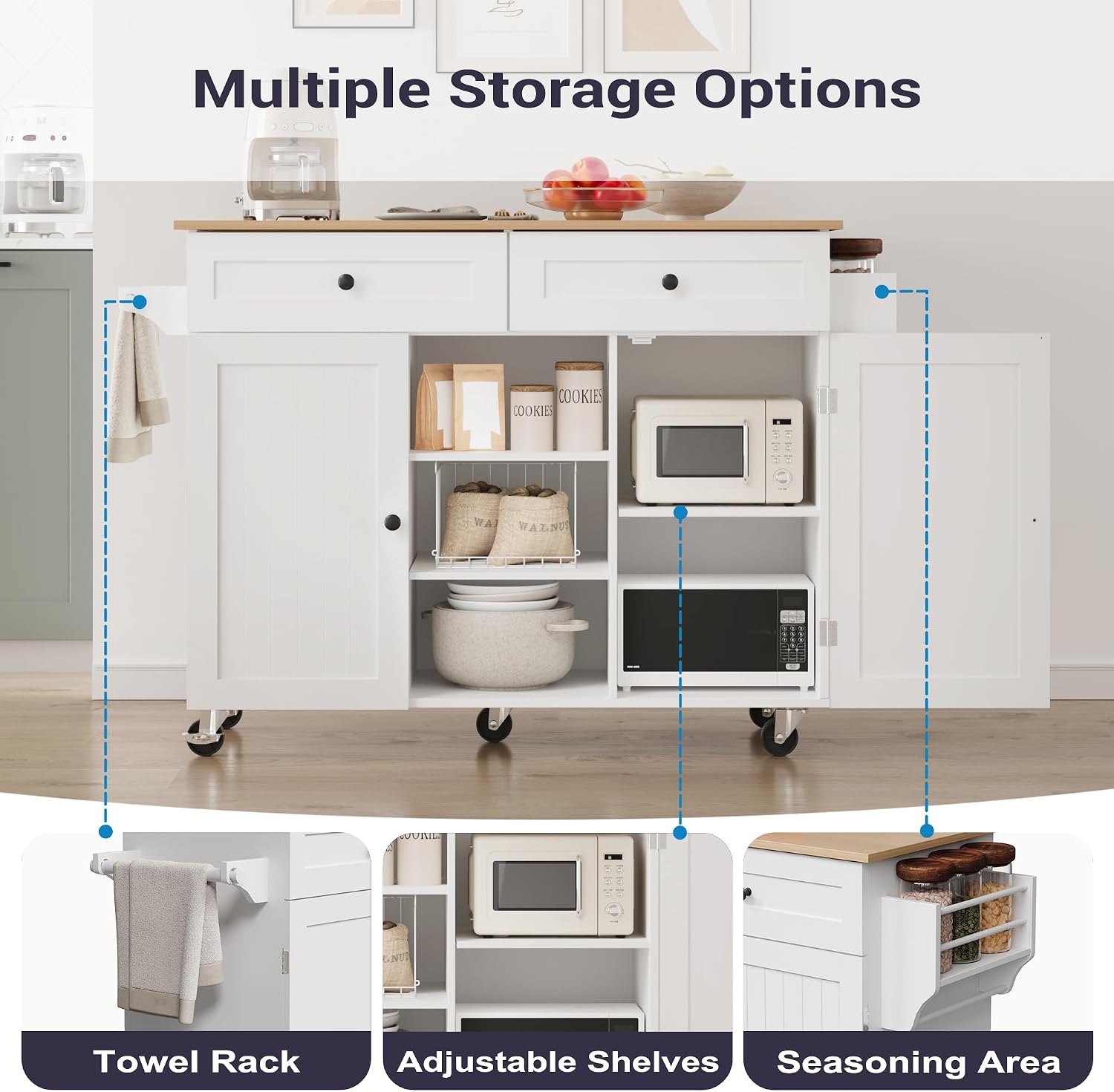 Furnify Kitchen Island with Wheels & Drawers, Kitchen Island Cart, White | Rolling Kitchen Island with Drop Leaf, Mobile Kitchen Storage Cabinet with Towel Rack & Spice Rack for Dining Room, Kitchen
