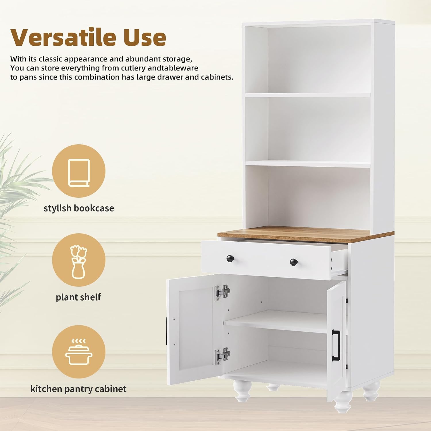 23.6" D*15.7" W*63" H Freestanding Kitchen Pantry with Dawer, 3 Shelves, Lower Double Door, Rectangular Storage Cabinet, Modern Minimalist, for Living Room, Dining Room, White