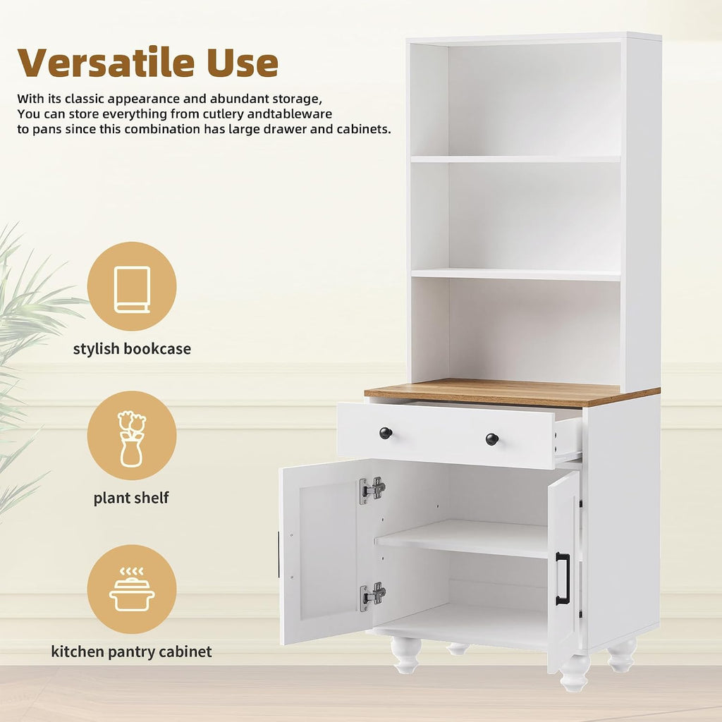 Modern Kitchen Pantry, Storage Cabinet with 4 Solid Wood Gourd-Shaped Legs, Adjustable Shelves, 5-Tier Bookshelf, Drawer, for Dining Room, Easy to Clean