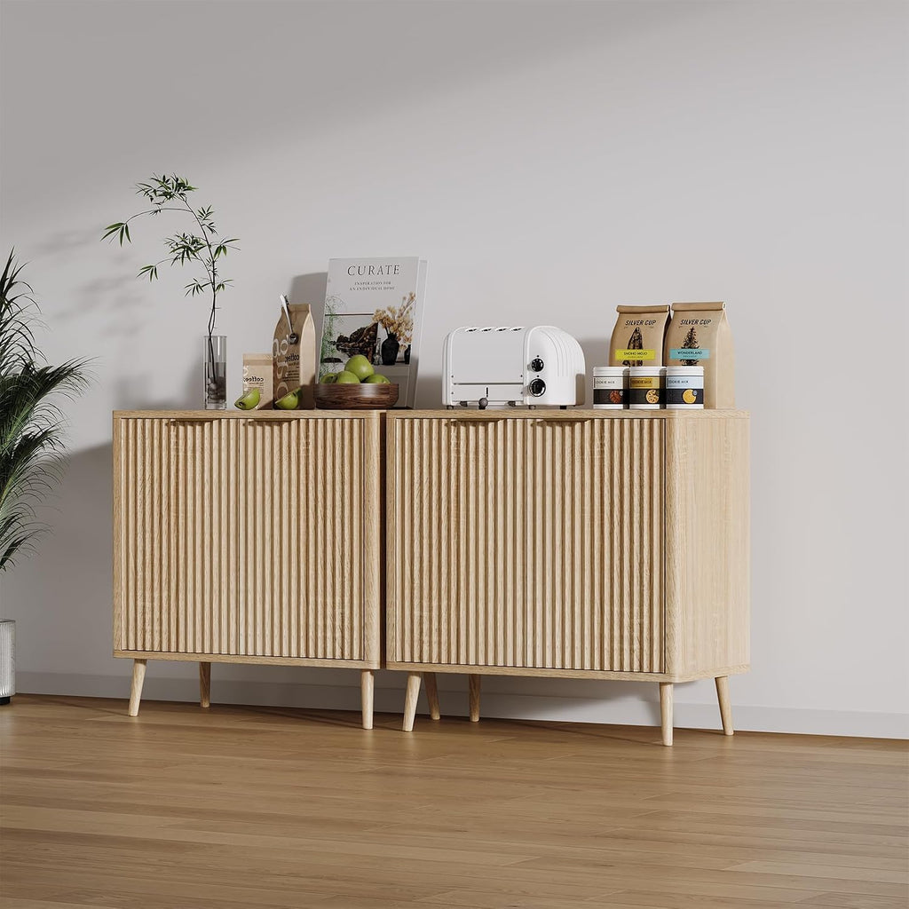 Modern Fluted Sideboard Buffet Cabinet with Storage, 31.5" Slim Wood Accent Credenza Console with Doors and Adjustable Shelves, Mid Century Narrow Storage Cabinet for Living Room, Hallway Kitchen Oak