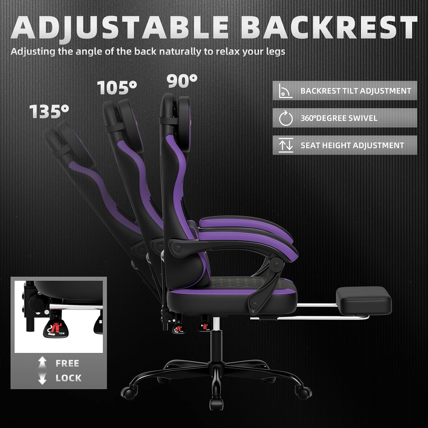 Ergonomic Gaming Chair with Footrest & Massage Lumbar Pillow, Height Adjustable 360° Swivel Computer Chair, Linked Armrest & Headrest for Office Gaming (Black Purple)