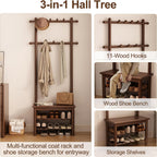 AQIMUELE Hall Tree, Coat Rack with Shoe Storage, Wooden Hall Tree with Bench, 11 Hooks and 2-Tier Storage Shelves, Entryway Bench with Coat Rack (23.6" - Deep Walnut)