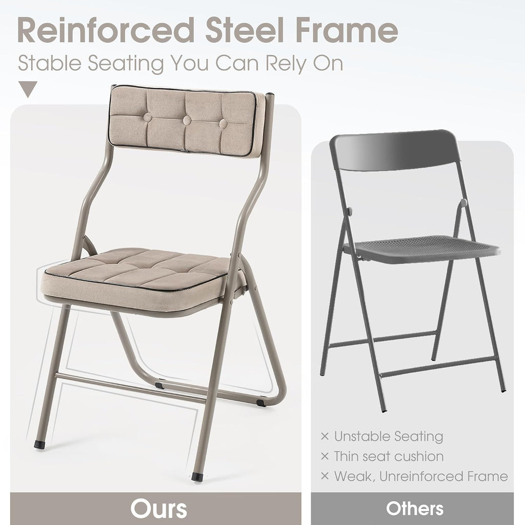 Padded Folding Chairs 4 Pack - Foldable Dining Chair with Cushion, Portable and Assembled Extra Seat for Guests Kitchen Office Wedding Party Khaki
