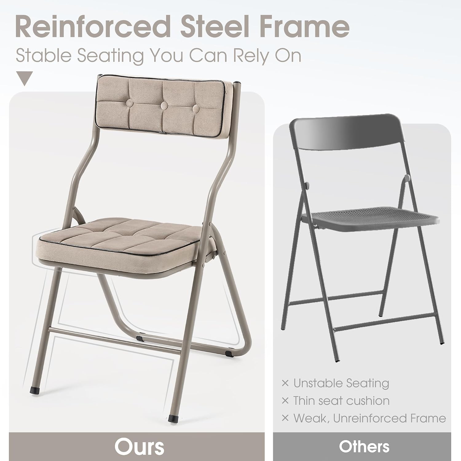 Padded Folding Chairs 4 Pack - Foldable Dining Chair with Cushion, Portable and Assembled Extra Seat for Guests Kitchen Office Wedding Party Khaki
