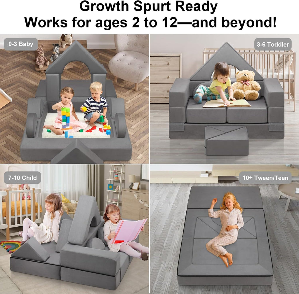 9pcs Modular Kids Play Couch, Toddler & Child Sectional Sofa, Convertible Foam and Floor Cushion for Boys and Girls, Foldable Playroom Bedroom Furniture, Gray