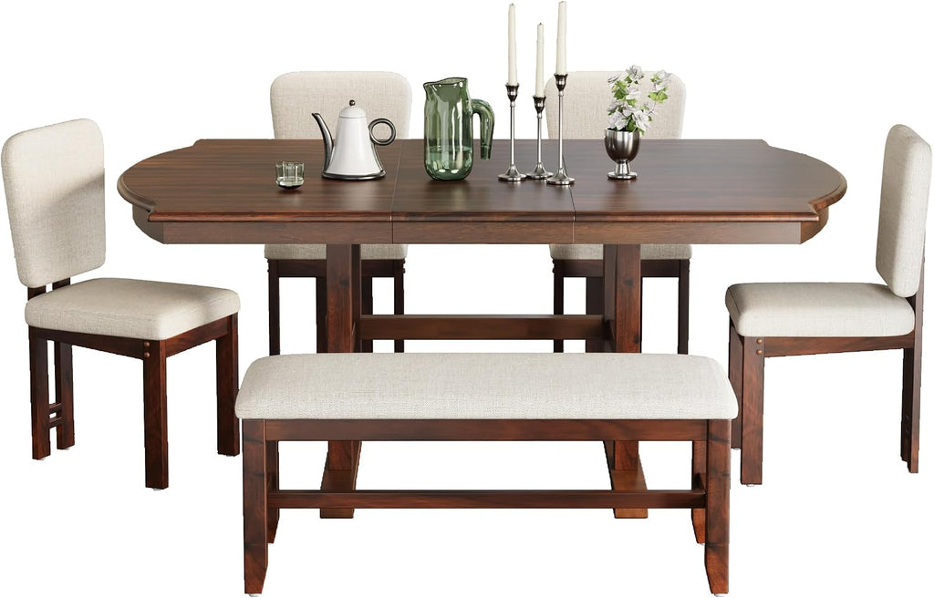 6-Piece Traditional Dining Table Set, 78" Extendable Wood Table with 18" Removable Leaf, 4 Upholstered Dining Chairs & 1 Bench, Espresso & Beige