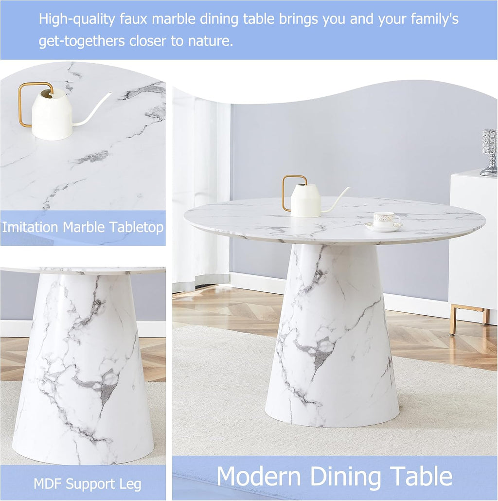 JUFU Round Dining Table Set for 4, 45" Modern Faux Marble Kitchen Table and Upholstered Chairs, 5 Piece Small Circle Dinette Set for Dining Room, Kitchen