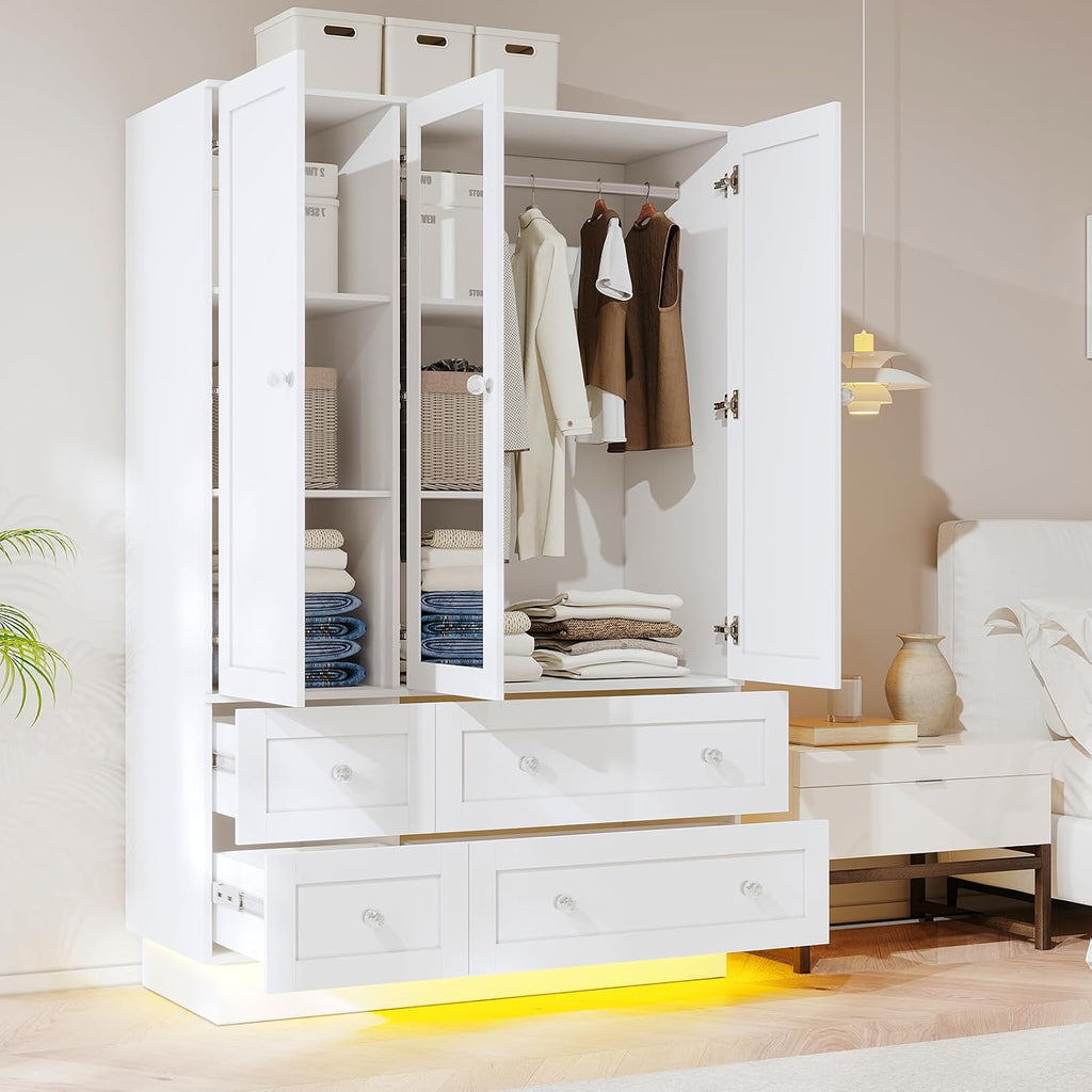 VOWNER Wardrobe Closet with 3 Doors Bedroom Armoire with Mirror & 4 Drawers | Large Capacity Storage Closet with LED Light and Hanging Rod for Bedroom, White 47" L