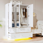 VOWNER Wardrobe Closet with 3 Doors Bedroom Armoire with Mirror & 4 Drawers | Large Capacity Storage Closet with LED Light and Hanging Rod for Bedroom, White 47" L