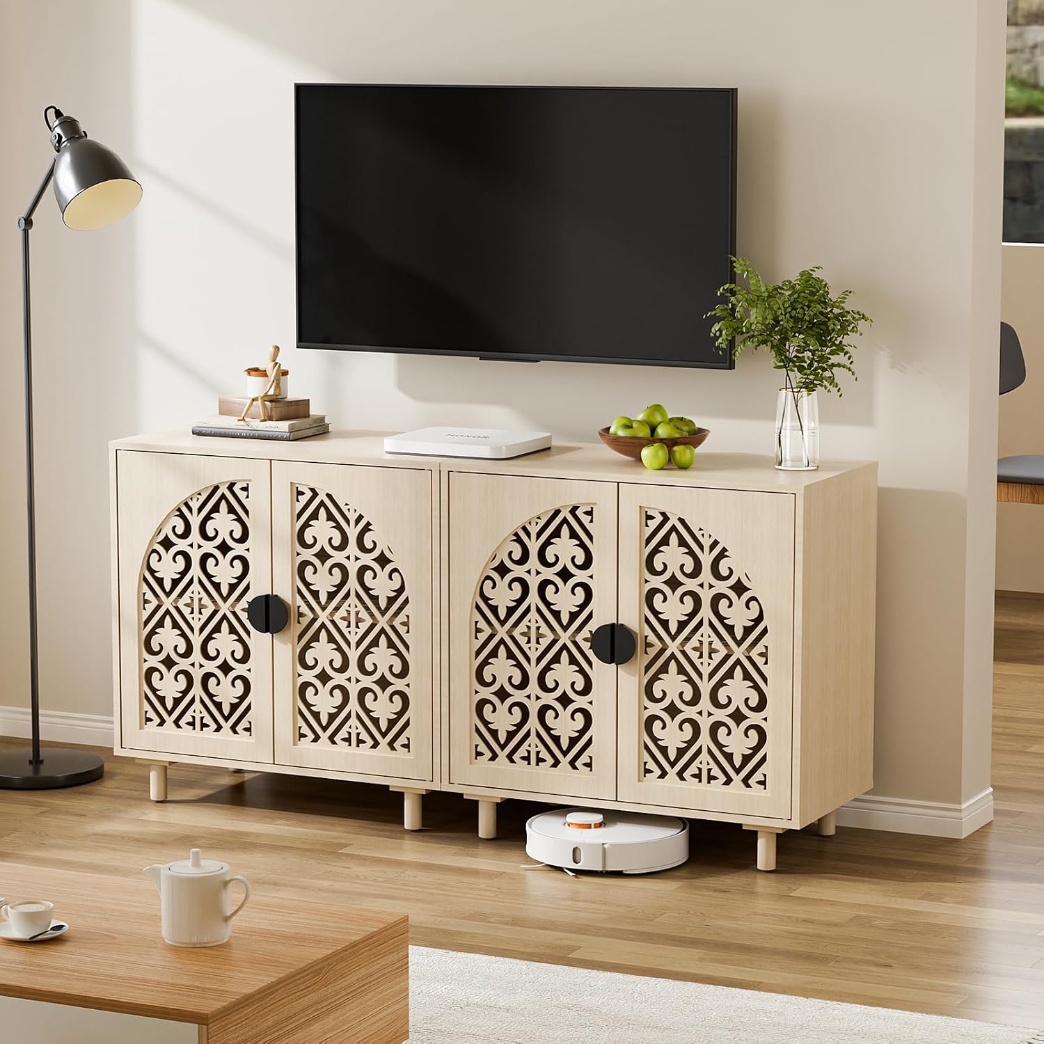 Set of 2 Sideboard Buffet Cabinet, Boho Storage Cabinet with Doors and Shelves, Curved Accent Cabinet with Hollow Door for Living Room, Kitchen, Hallway, Beige
