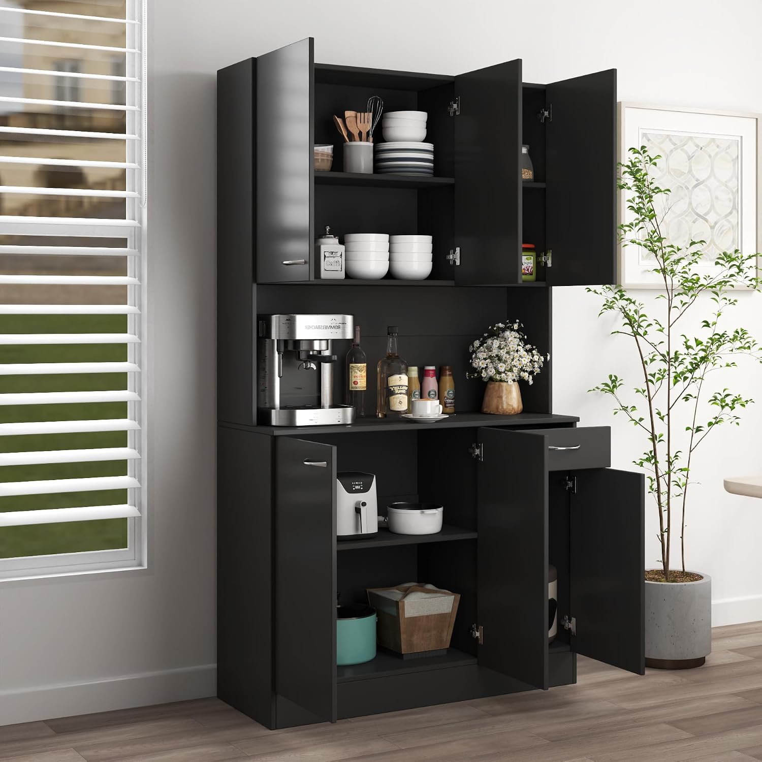 70.87" 6-Door Modern Kitchen Pantry Cabinet Combo with Drawer&Shelf for Dining Room Kitchen Living Room, Black