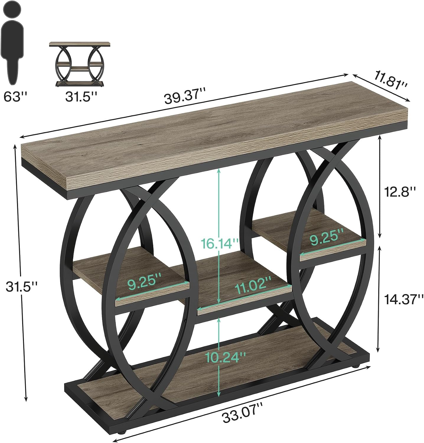 Tribesigns 39.4" Console Table, Industrial 4-Tier Sofa Table Entryway Table with Storage Shelves, Narrow Wood Accent Tables with Metal Frame for Small Spaces, Hallway, Foyer, Grey